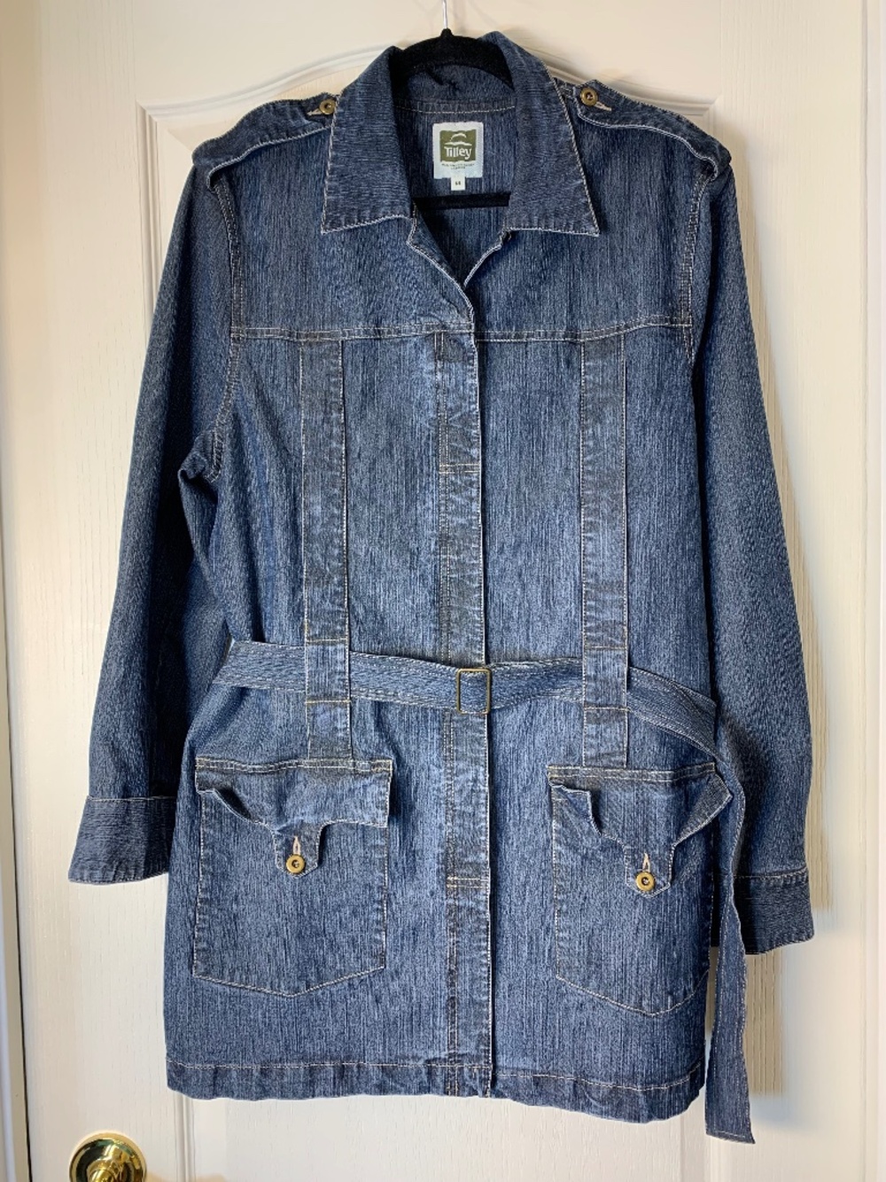 Tilley Women’s 14 Long Denim Jacket Belted Utility Safari Tencel Made Canada